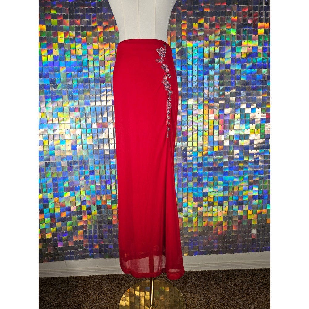Vintage 90s‎ Floral Embroidered Maxi Skirt Womens Medium Red Excellent Y2K Mesh - Picture 3 of 10